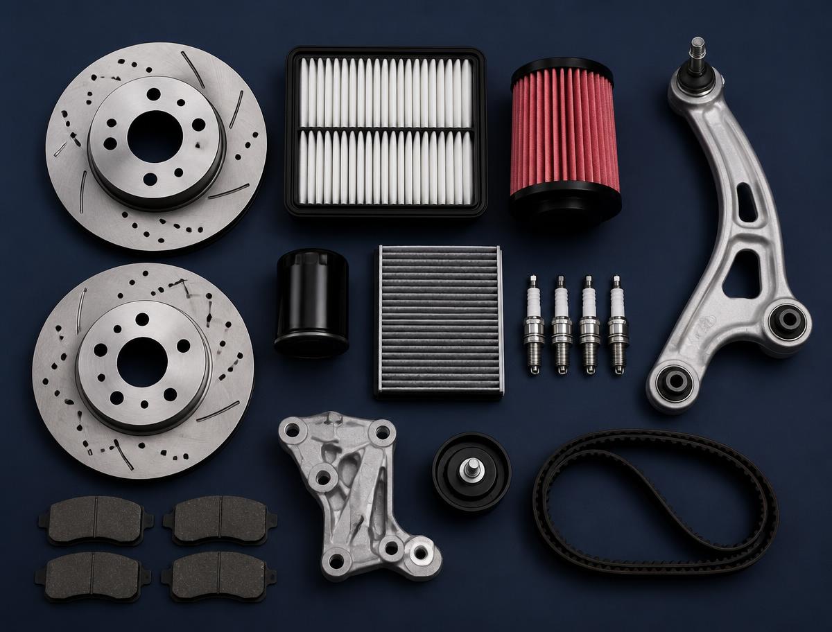 Flat lay of aftermarket brake discs, filters, spark plugs and suspension parts